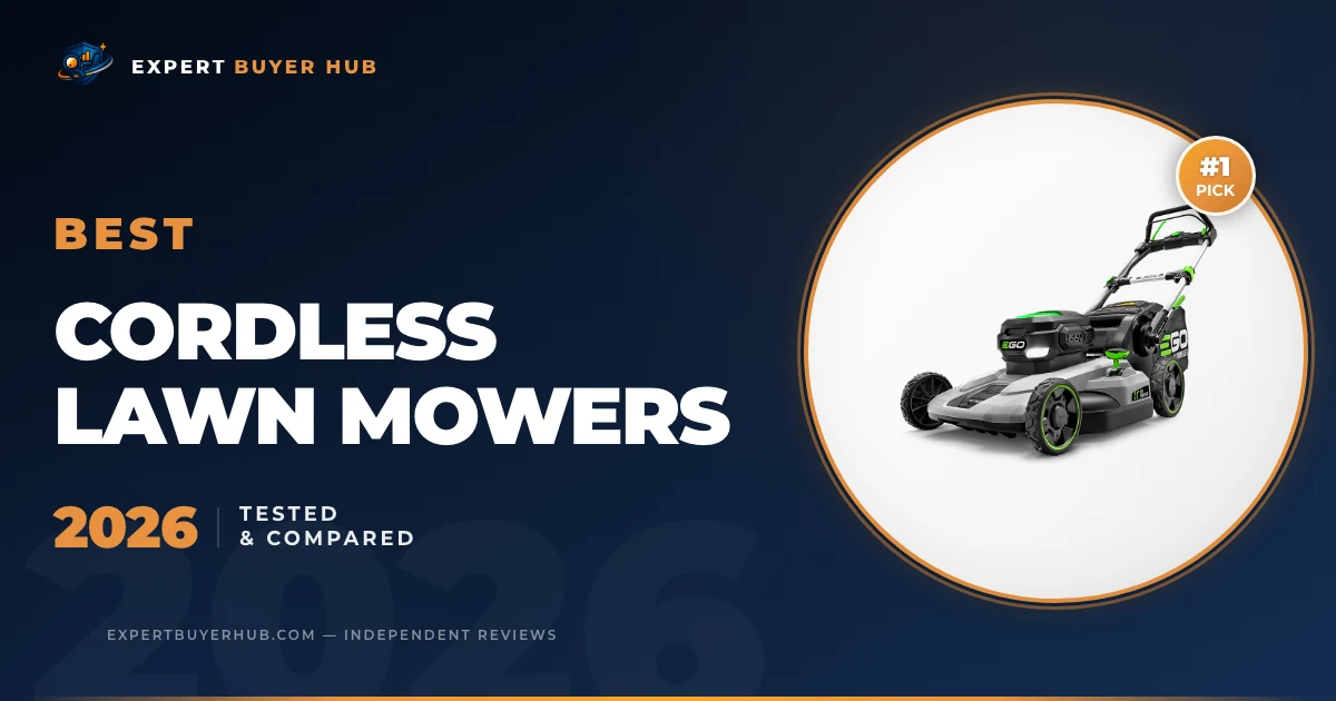 Best cordless lawn mowers 2026 — Hero EBH Atlas v9.2 (1200×630) with official logo and EGO mower.