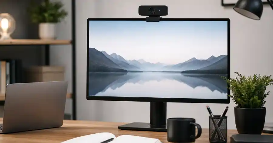 Modern webcam setup on a desk comparing clear video call quality