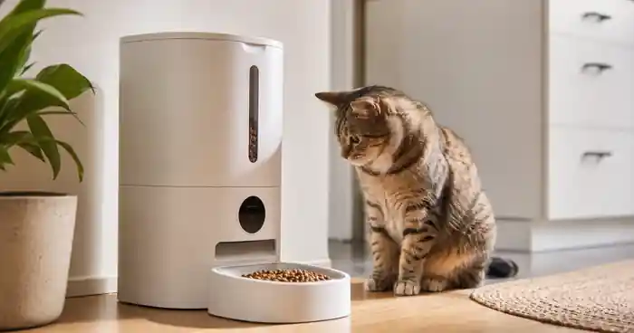 Automatic pet feeder on a clean kitchen floor with a cat nearby