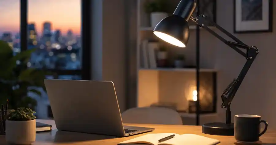 Desk lamp lighting a modern home office desk at dusk