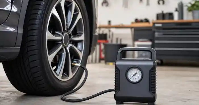 Portable tire inflator next to a car tire with a pressure gauge